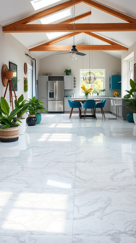 A bright kitchen with a nature-themed epoxy floor featuring leaf motifs, complemented by wooden beams and vibrant plants.
