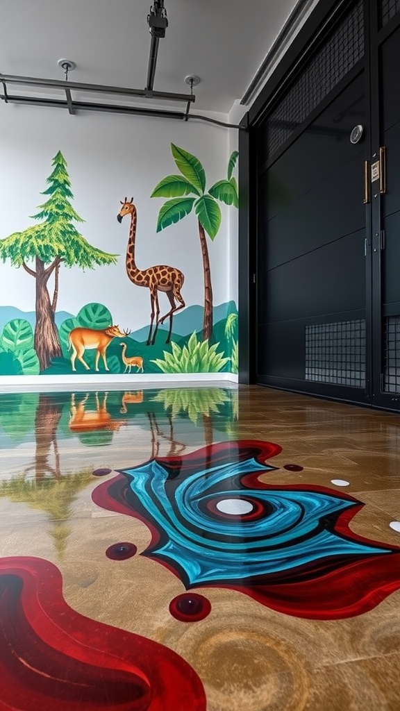 Nature-themed mural featuring a giraffe and other wildlife on a colorful epoxy concrete floor.