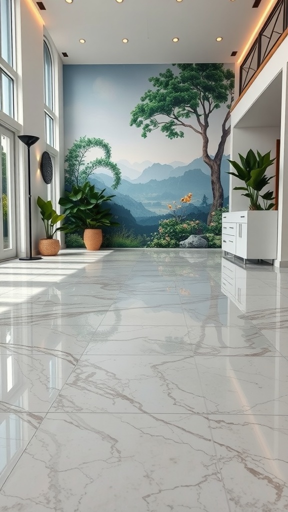 A spacious interior with a nature-themed mural and glossy epoxy floors