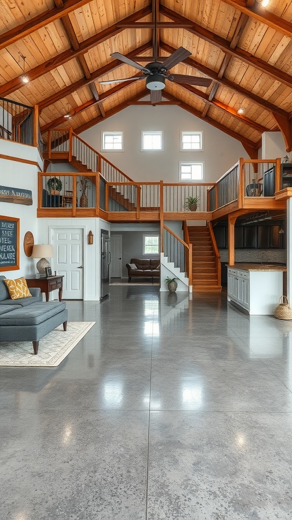Interior of a barn-style space with epoxy flooring, wooden ceiling, and cozy living area.