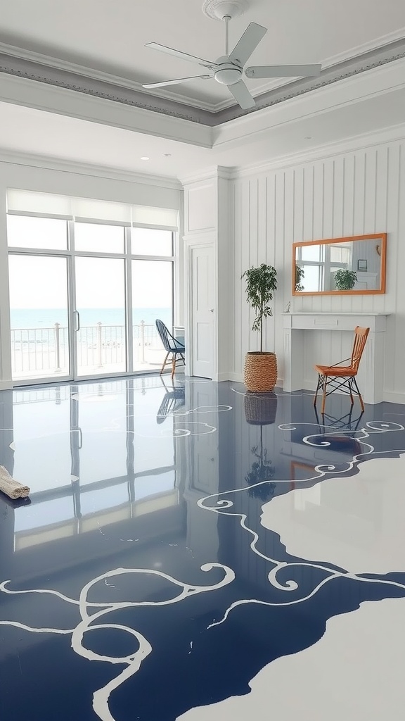 An interior space featuring a blue and white epoxy floor with a nautical theme.