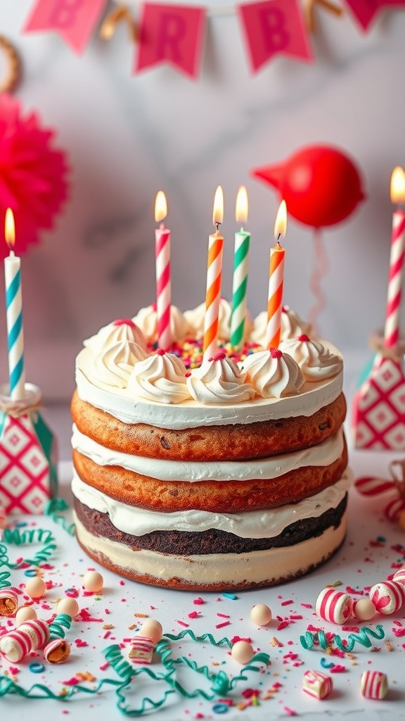 Neapolitan cake with layers of chocolate, vanilla, and strawberry frosting, decorated with candles