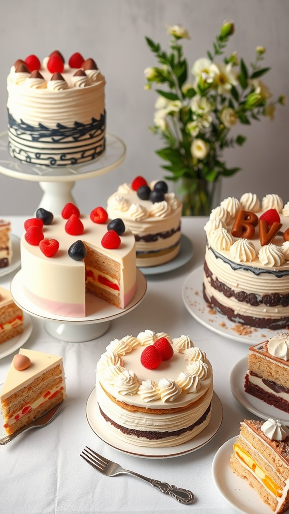 A beautifully decorated Neapolitan cake with layers of chocolate, vanilla, and strawberry.