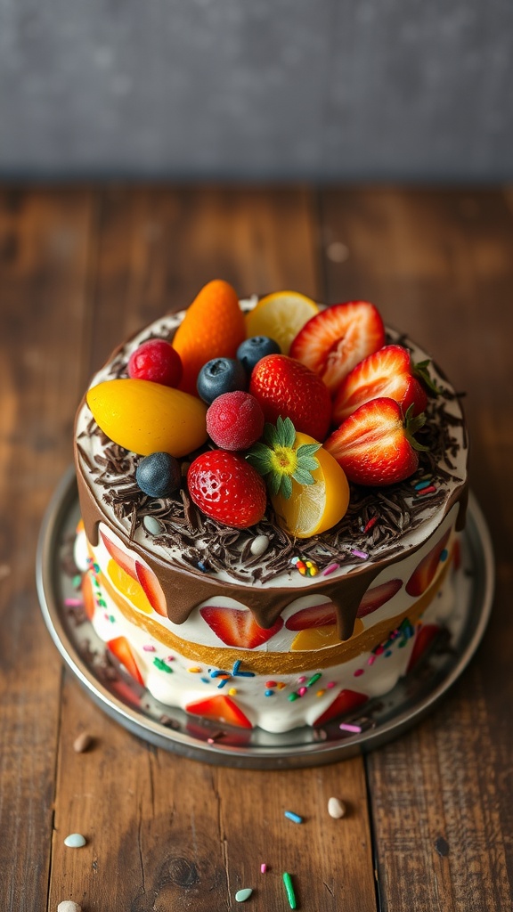 A colorful Neapolitan cake with chocolate, vanilla, and strawberry layers, decorated with frosting.