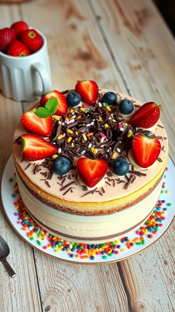 A layered Neapolitan cake with chocolate, vanilla, and strawberry flavors.
