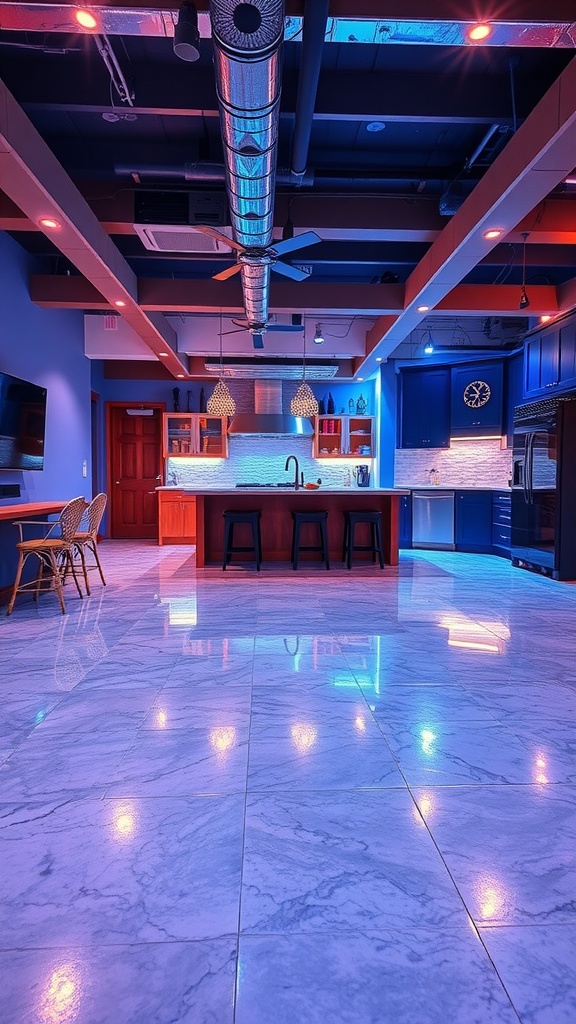 A modern kitchen with glowing neon lights reflecting on a sleek epoxy floor.