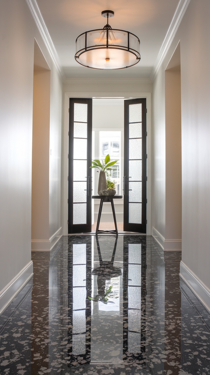 A hallway with a neutral black and white flake epoxy floor, featuring a modern chandelier and a plant on a table.