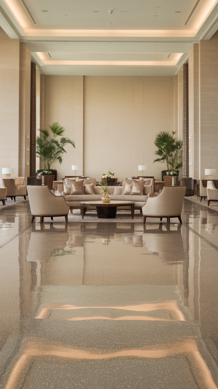 Interior space featuring a neutral taupe metallic epoxy floor with a subtle shimmer, surrounded by comfortable seating and plants.