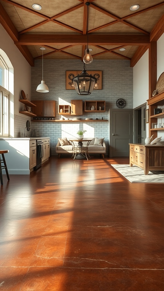 A modern kitchen and living room with brown epoxy flooring, wooden cabinets, and a cozy seating area.
