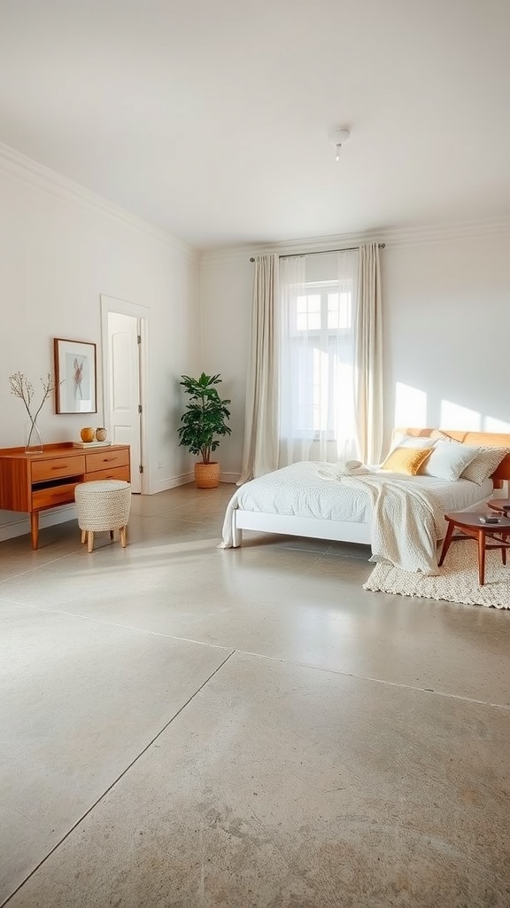 A serene bedroom featuring epoxy concrete floor in neutral tones, light walls, wooden furniture, and a plant.