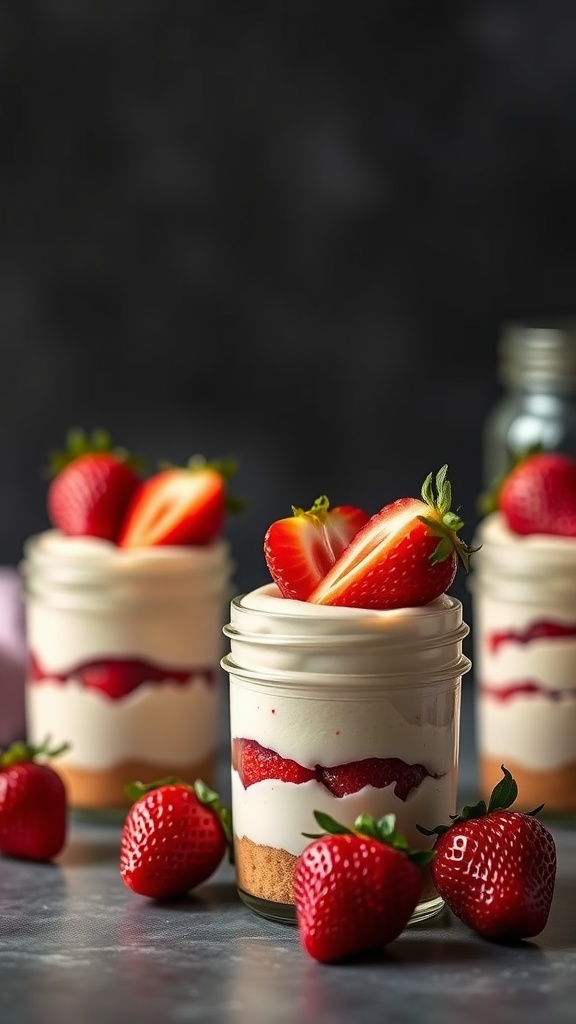 No-bake strawberry cheesecake cups with fresh strawberries on top