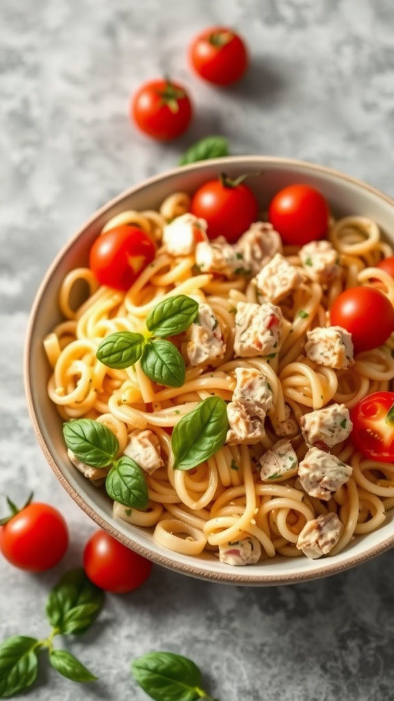 A bowl of no-cook tuna pasta salad topped with fresh basil and cherry tomatoes.