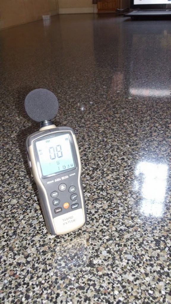 A sound level meter placed on a shiny floor, displaying measurements.