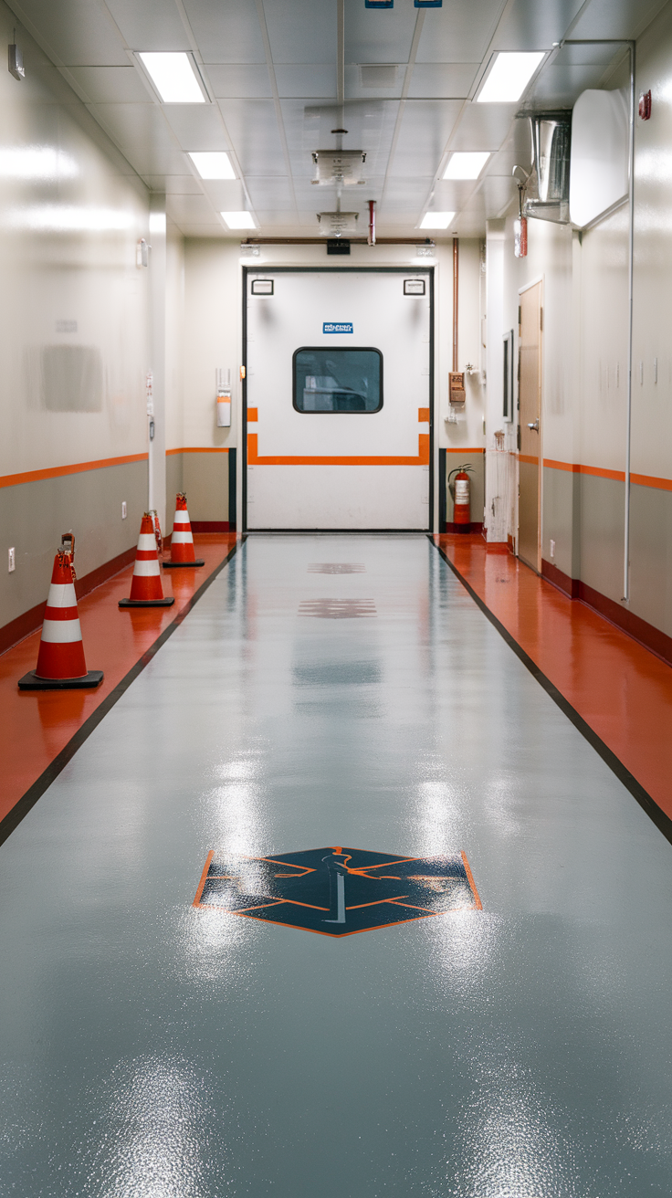 A hallway in a fire department with an epoxy coated floor and safety cones.