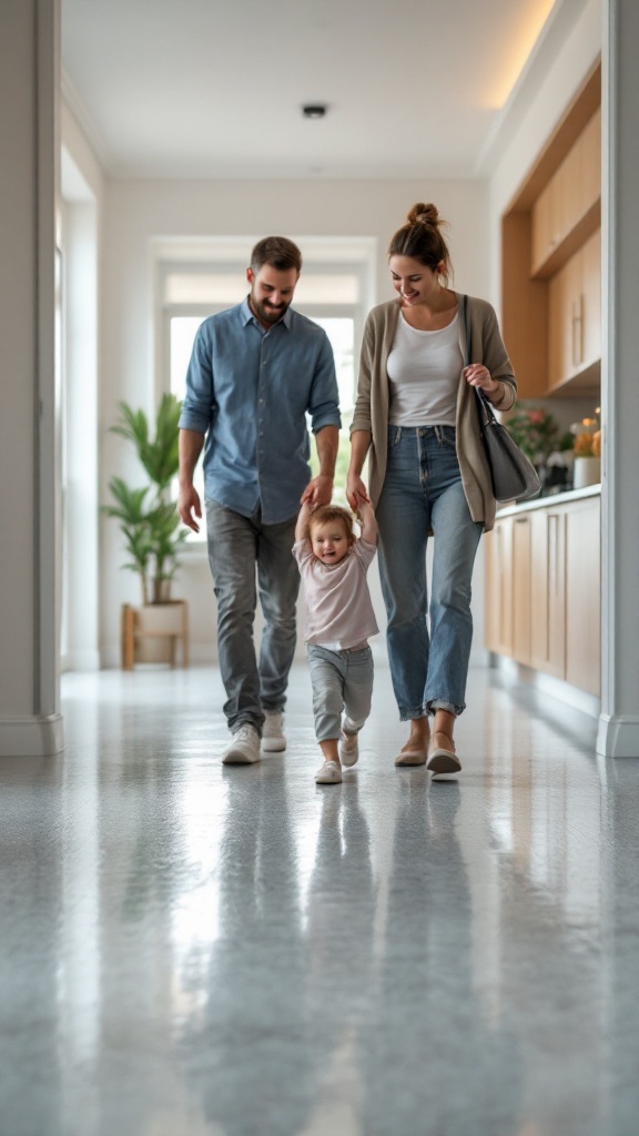 A family walking hand in hand in a bright hallway with a shiny non-slip floor.