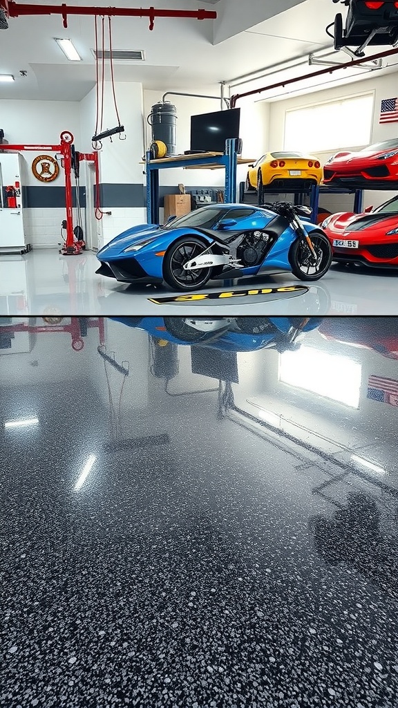 An eco-friendly, non-toxic epoxy floor in a stylish garage showcasing a motorcycle and luxury cars.