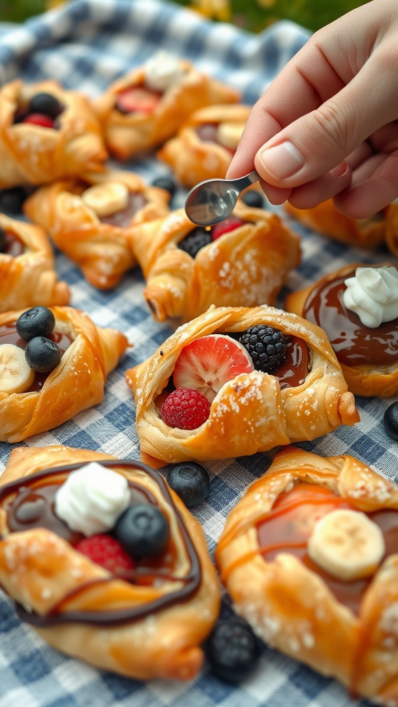 Nutella and banana puff pastry bites on a picnic cloth