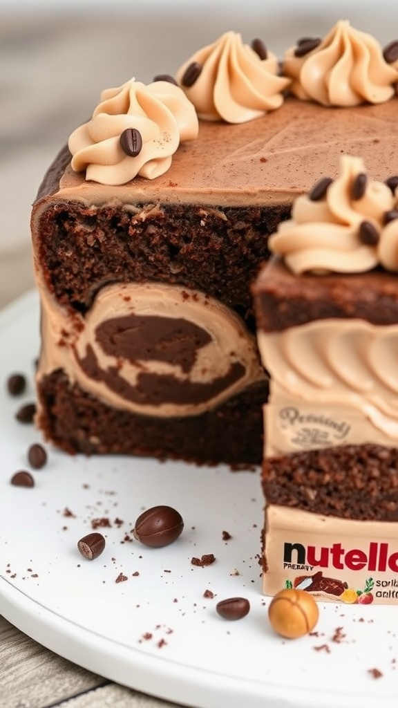 A deliciously rich Nutella swirl cake with chocolate frosting and decorative swirls on top.