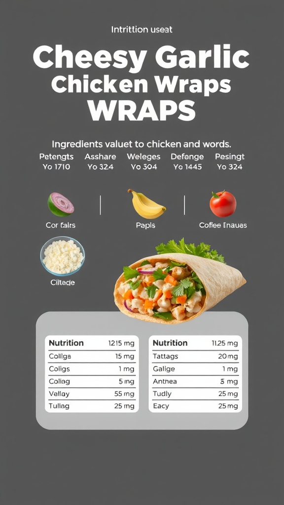 Nutritional breakdown of Cheesy Garlic Chicken Wraps including various ingredients and their values.