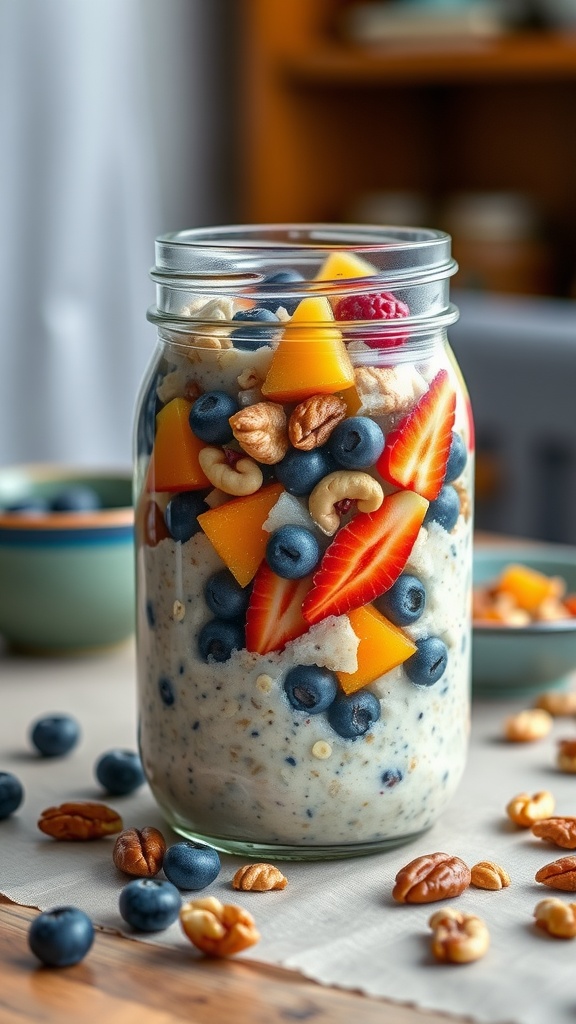 A jar of overnight oats layered with fruits and nuts, ready for breakfast.