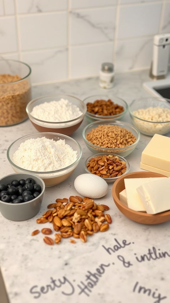 Ingredients and preparation for a nutty crust for cheesecake cups.