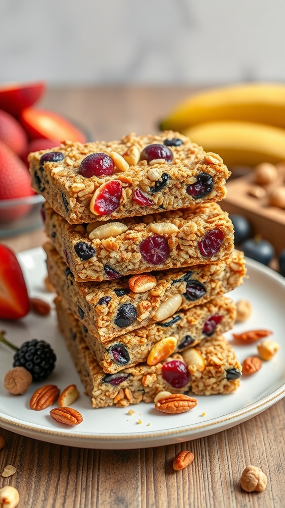 Nutty granola bars stacked on a plate with nuts and fruits around them.