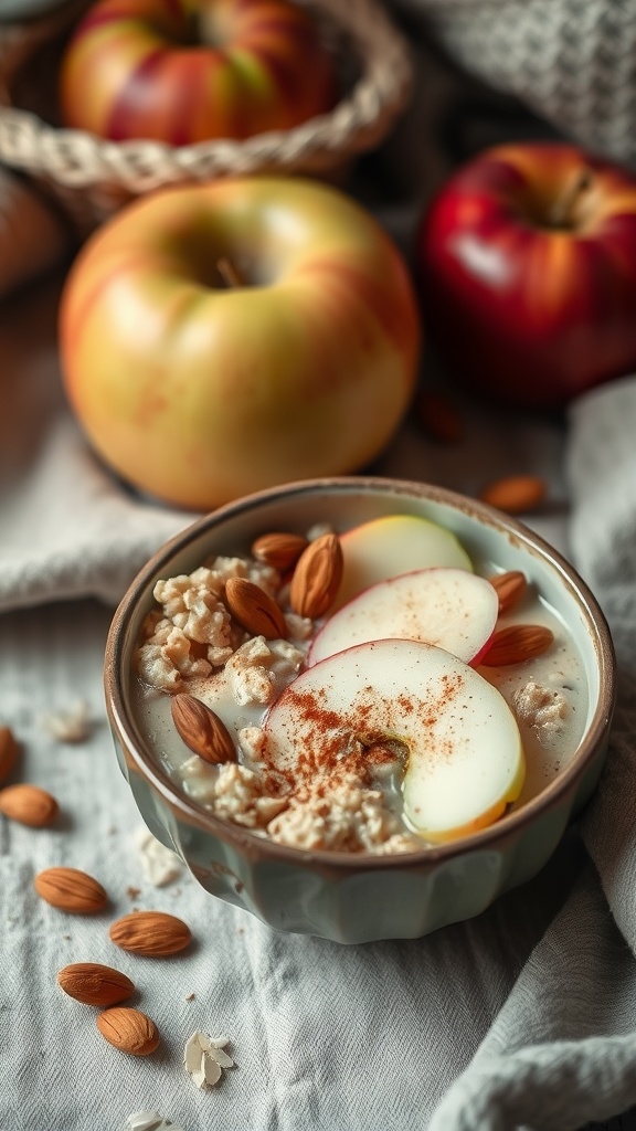 A delicious oatmeal bowl topped with almonds and apple slices.