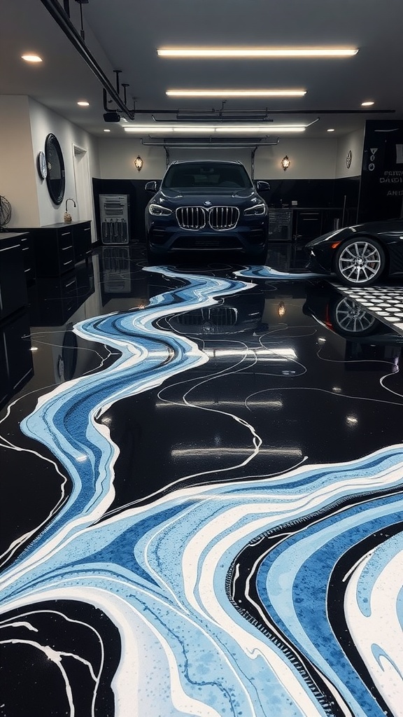 A luxury garage with an ocean-inspired blue and white epoxy floor design, featuring a shiny finish and modern cars.
