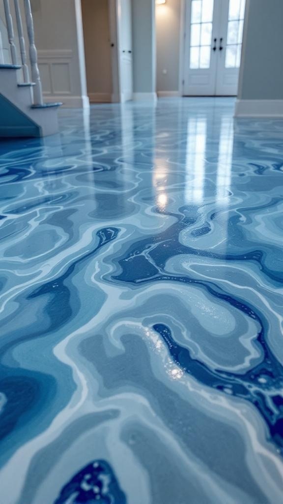 Ocean-inspired blue epoxy floor with swirling patterns resembling waves.