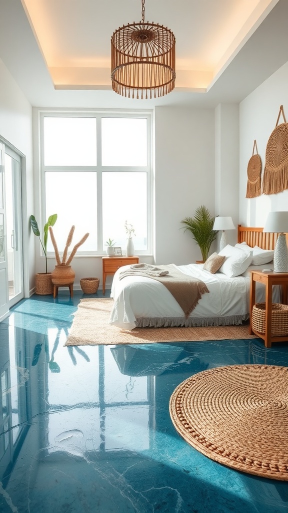 A cozy bedroom featuring ocean-inspired blue epoxy flooring with bohemian decor elements.