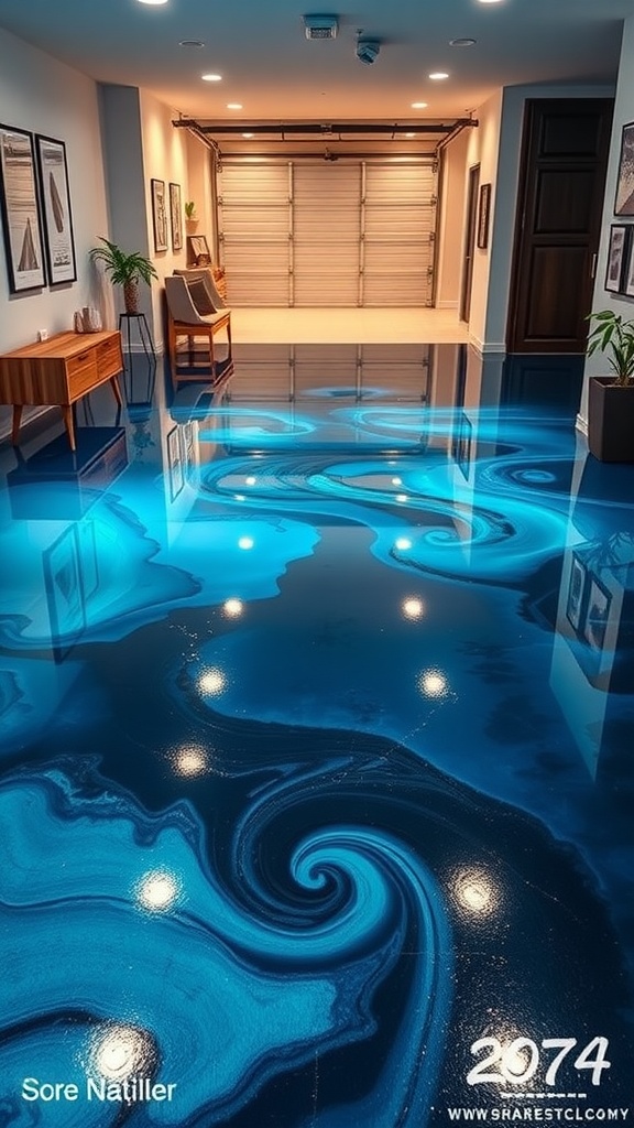 Epoxy concrete floor with ocean-inspired blue tones, showcasing swirling patterns and a glossy finish