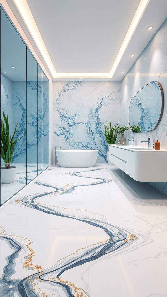 A modern bathroom featuring ocean-inspired blue tones with a marble epoxy floor and blue swirls, providing a serene and luxurious atmosphere.