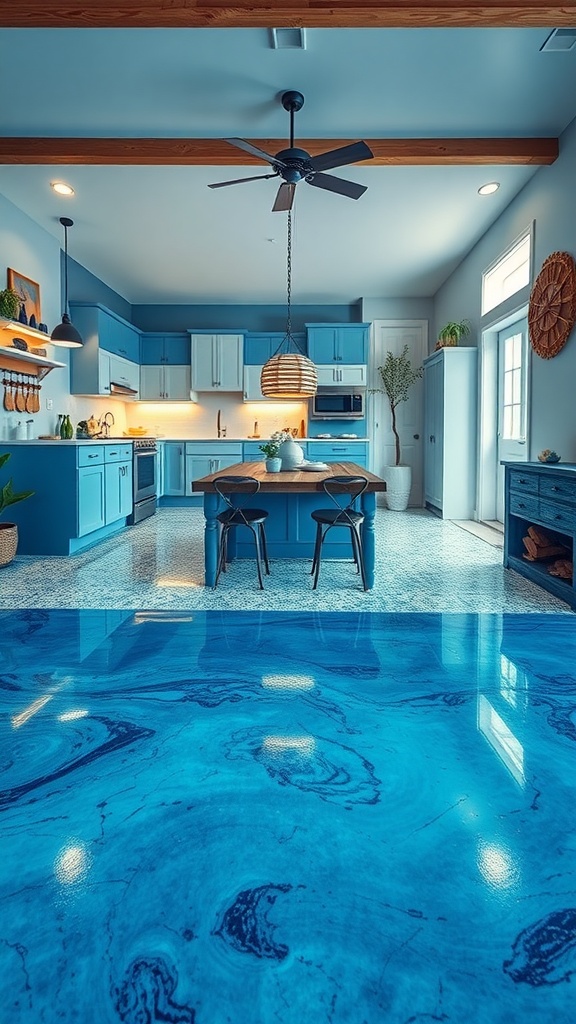 A modern kitchen featuring ocean-inspired blue epoxy flooring, blue cabinets, and wooden accents.