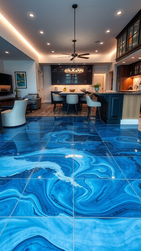 A beautifully designed epoxy floor with ocean-inspired blue waves in a modern kitchen setting.