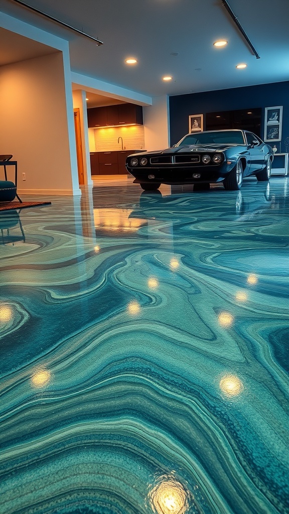A beautifully designed epoxy floor with ocean-inspired blues and greens, featuring a classic car in the foreground.
