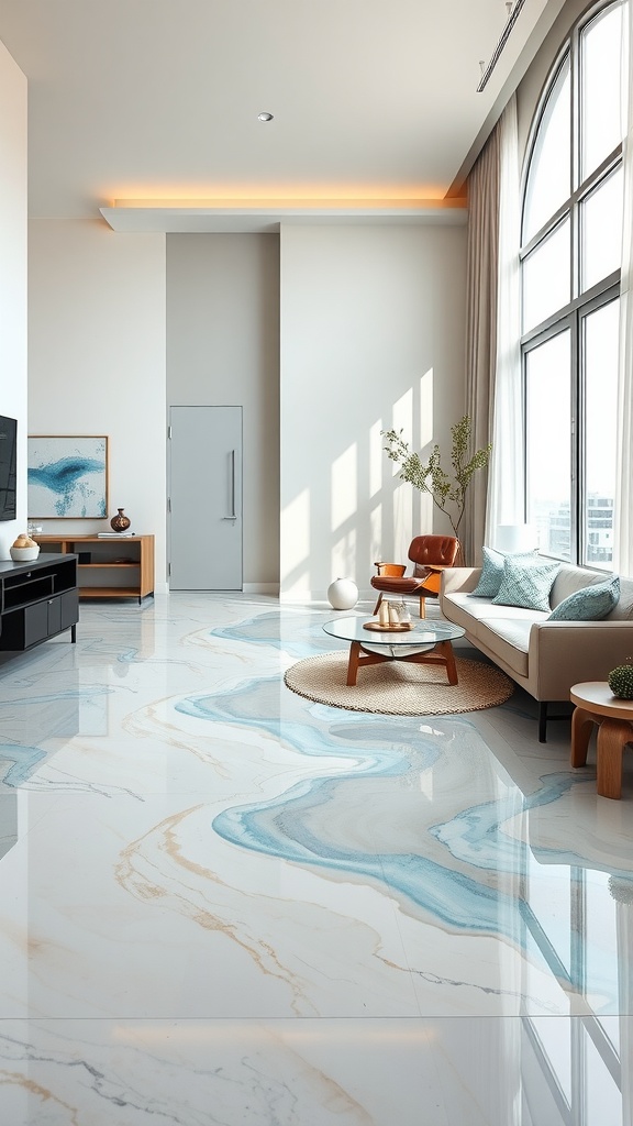 Living room with ocean-inspired epoxy flooring featuring blue and cream swirls.