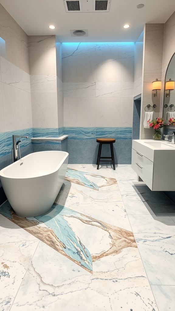 A modern bathroom featuring ocean-inspired epoxy floor design with shades of blue and sandy tones.