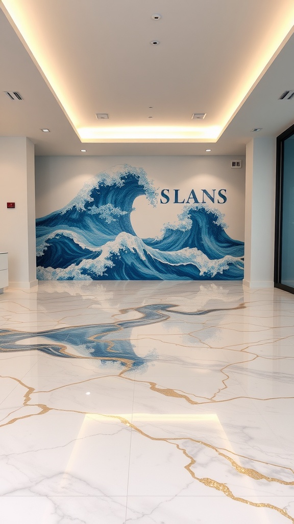 Ocean-inspired epoxy floor design featuring blue swirls and gold accents.