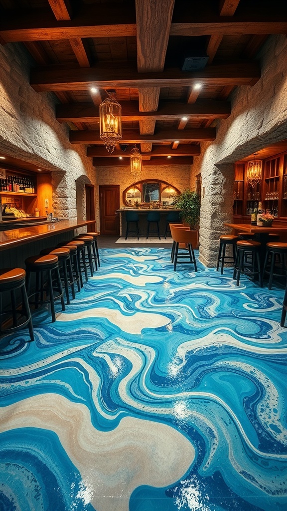 An ocean-inspired epoxy floor design with blue and beige swirls in a rustic bar setting.