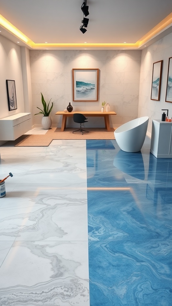 A modern room featuring a blue and white ocean-inspired epoxy floor with stylish furniture.