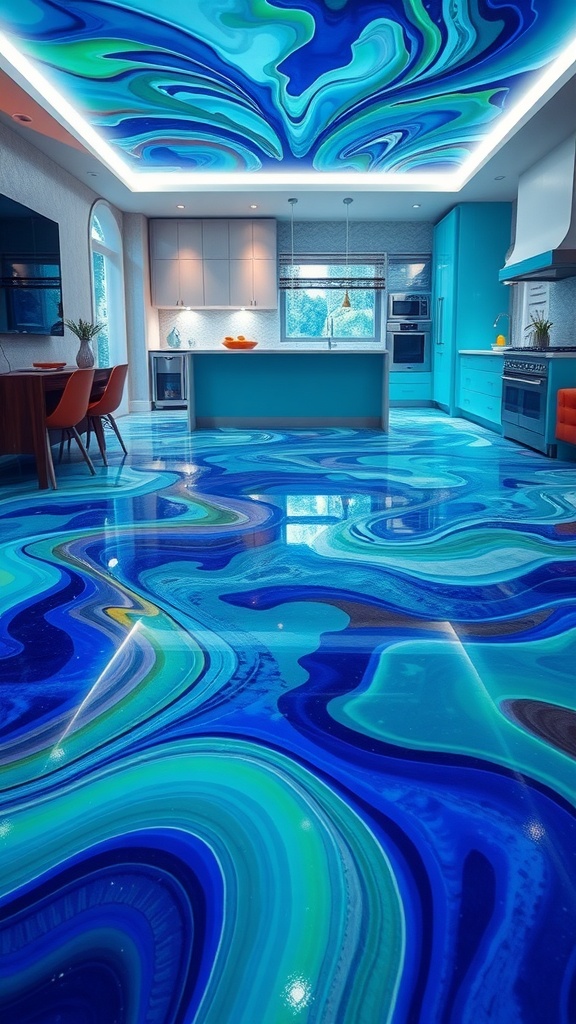 A vibrant kitchen with ocean-inspired epoxy floor design featuring blue and green swirls.