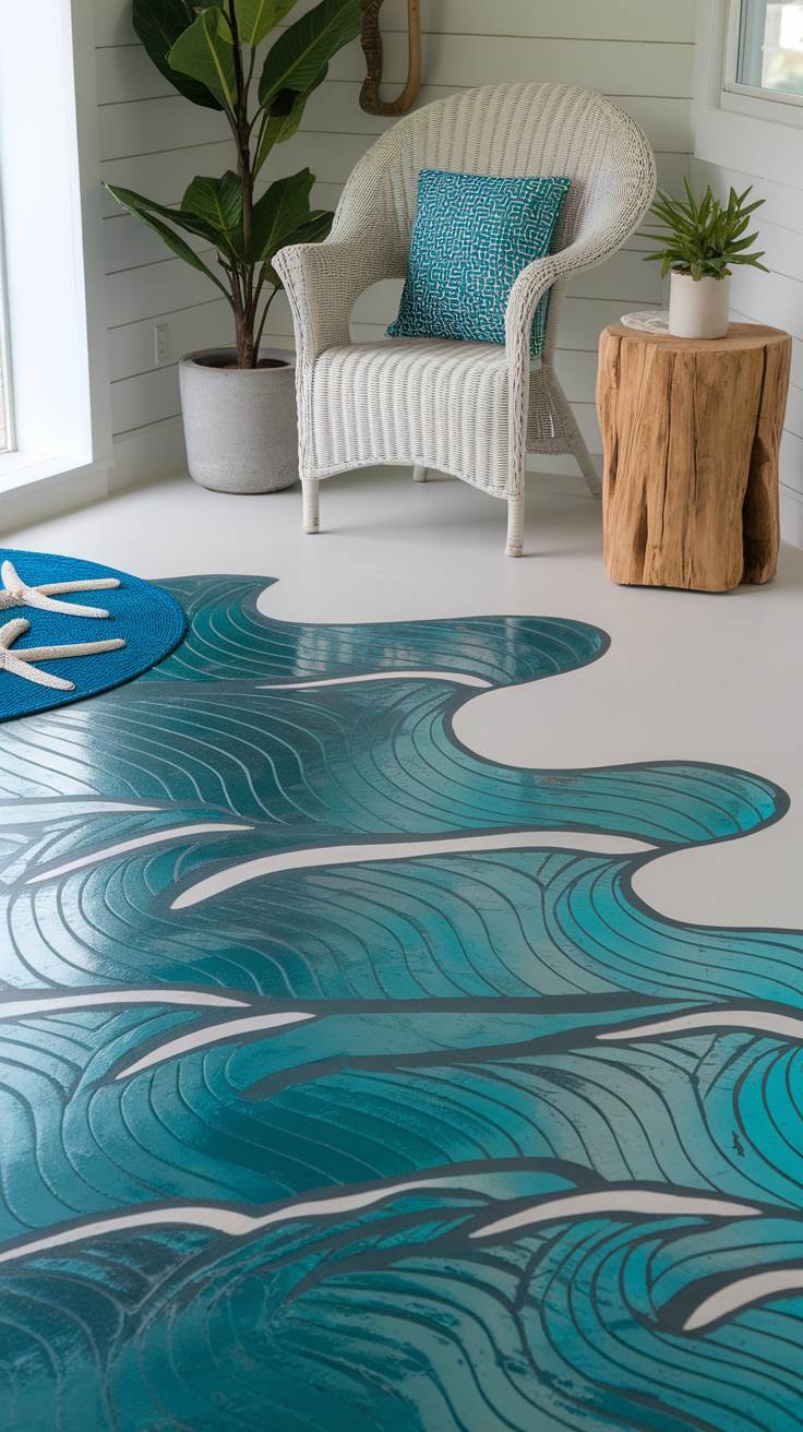 Teal and aqua metallic epoxy floor with wave design, wicker chair, and tropical plant.