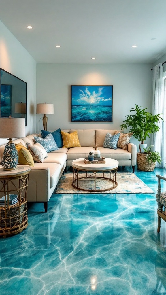 A cozy living room with turquoise epoxy flooring, a light sofa, and ocean-themed decor.