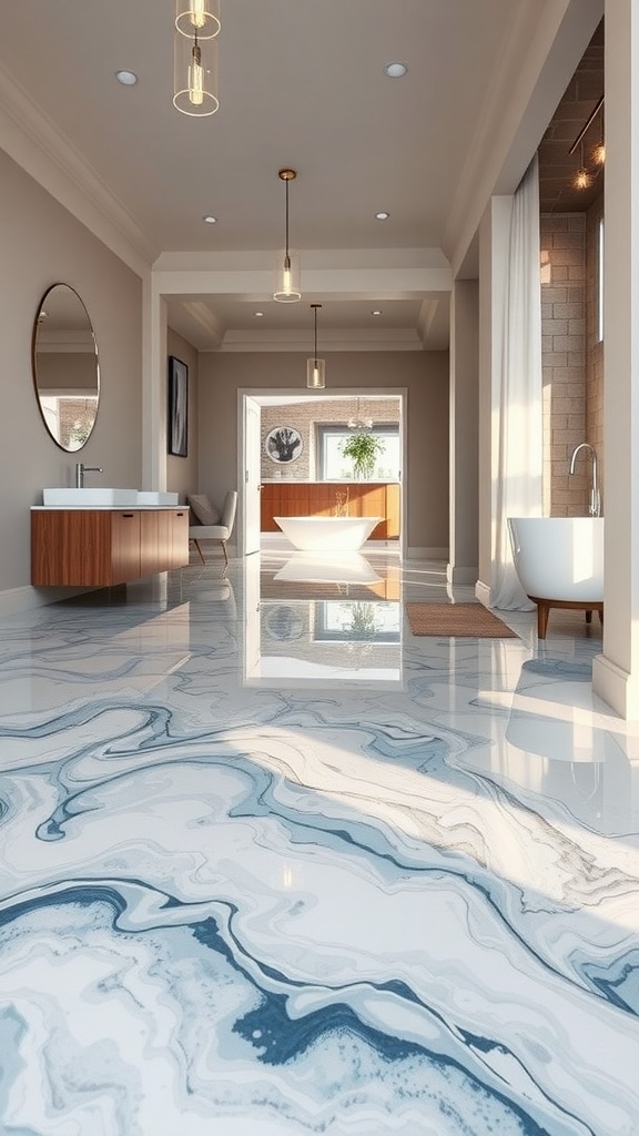 A modern room featuring ocean-inspired epoxy floor design with blue and white waves.