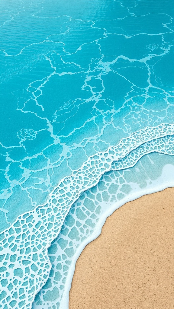 A serene beach scene featuring ocean blue water and sandy beige shore