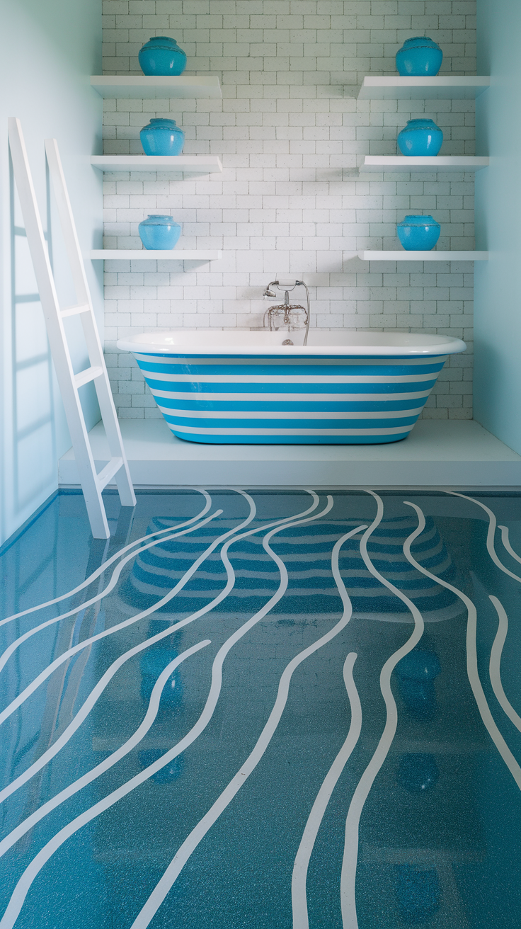 Bathroom with ocean blue and white flake pattern floor and striped bathtub