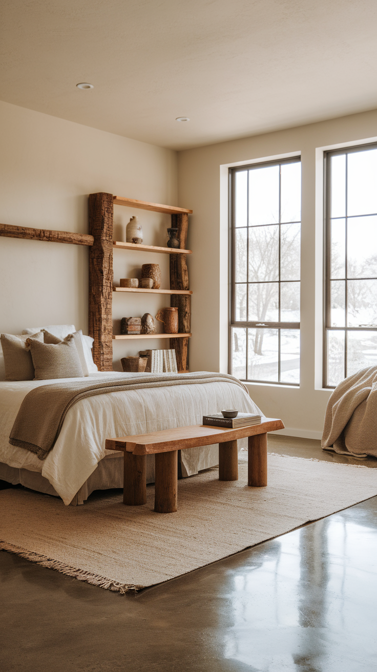 A cozy bedroom featuring polished concrete floors, natural wood accents, and large windows.