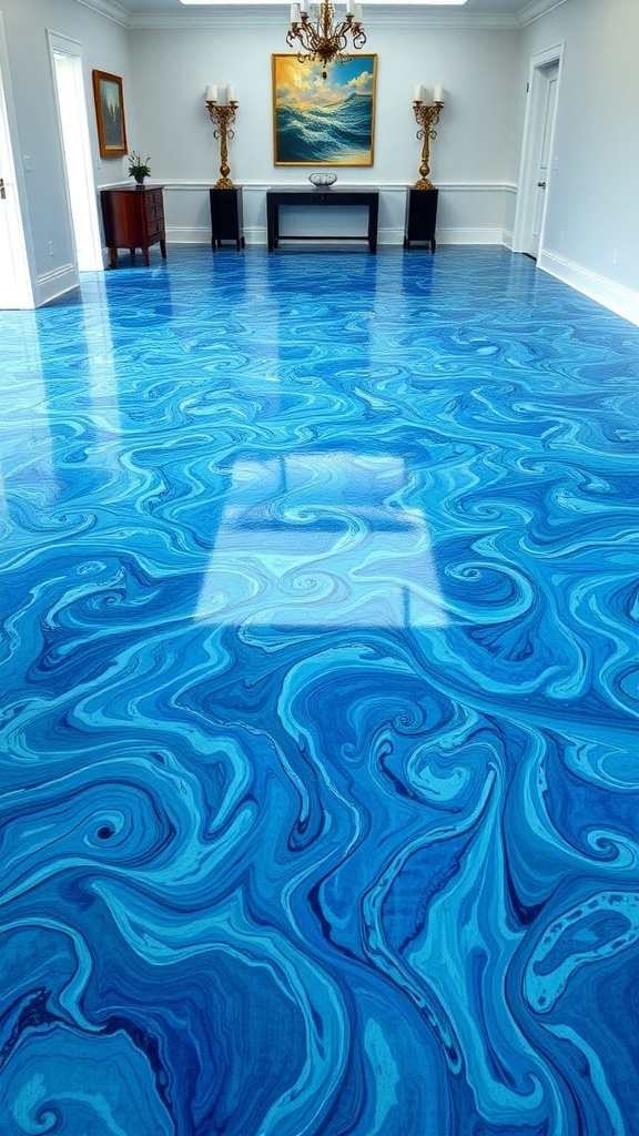 A room with an ocean blue epoxy floor, featuring swirling patterns in shades of blue and decor elements like a chandelier and paintings.