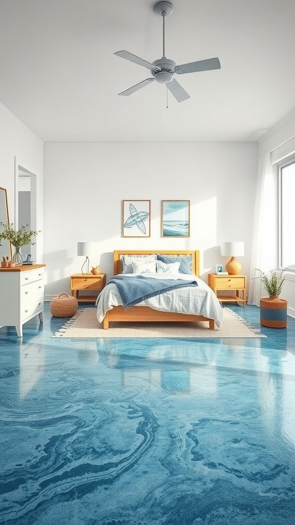 Bedroom with ocean blue epoxy floor and light-colored furniture