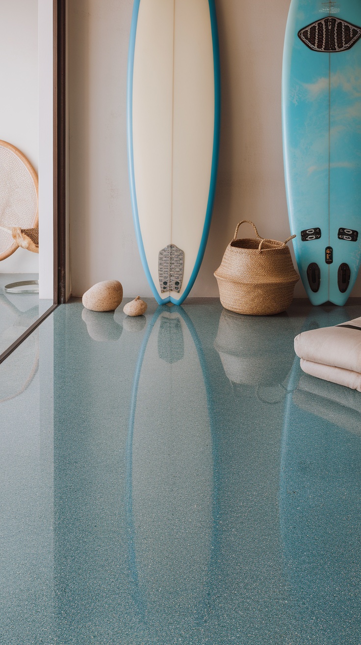 Stylish garage floor with ocean blue epoxy flake finish and surfboards